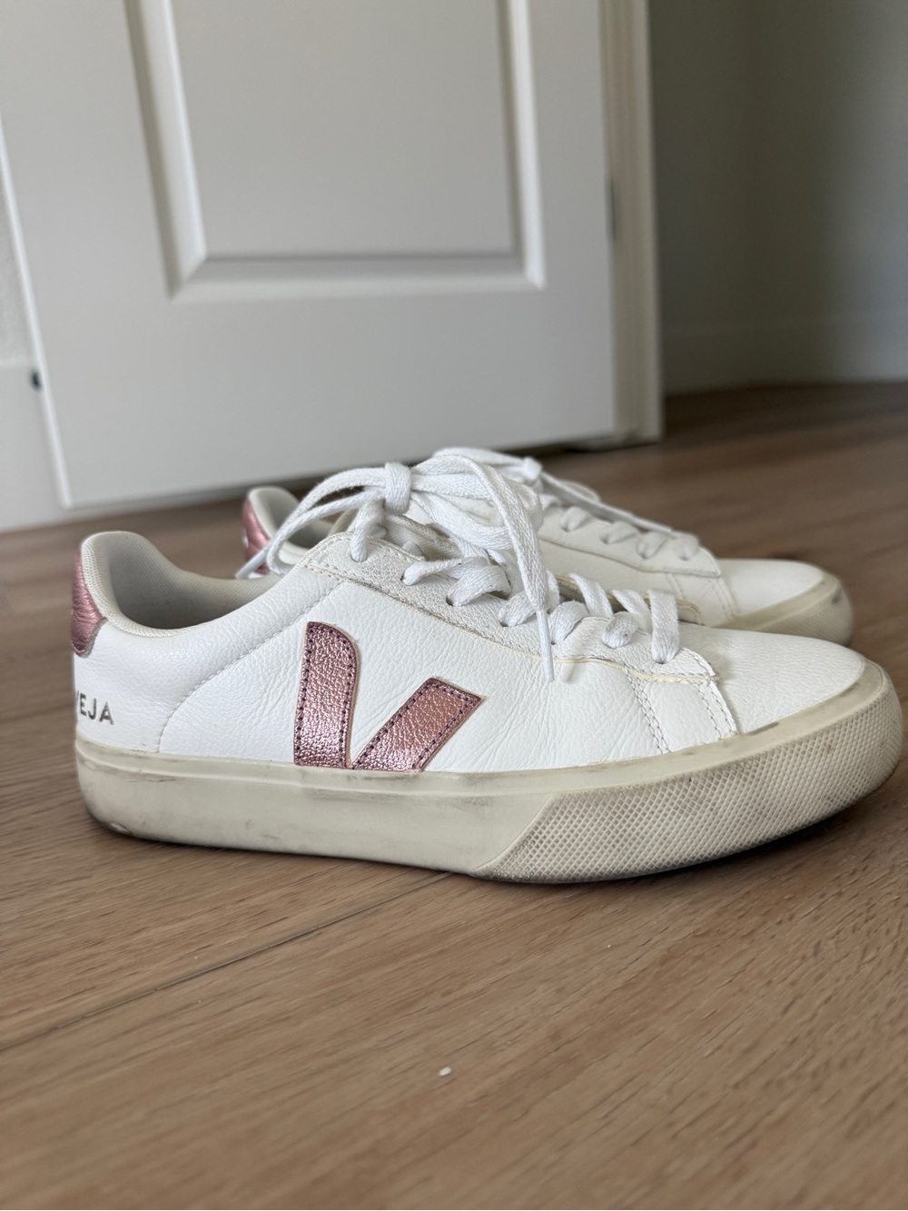 Veja Women’s White Leather Sneakers with Rose Metallic Detail - Picture 2 of 5